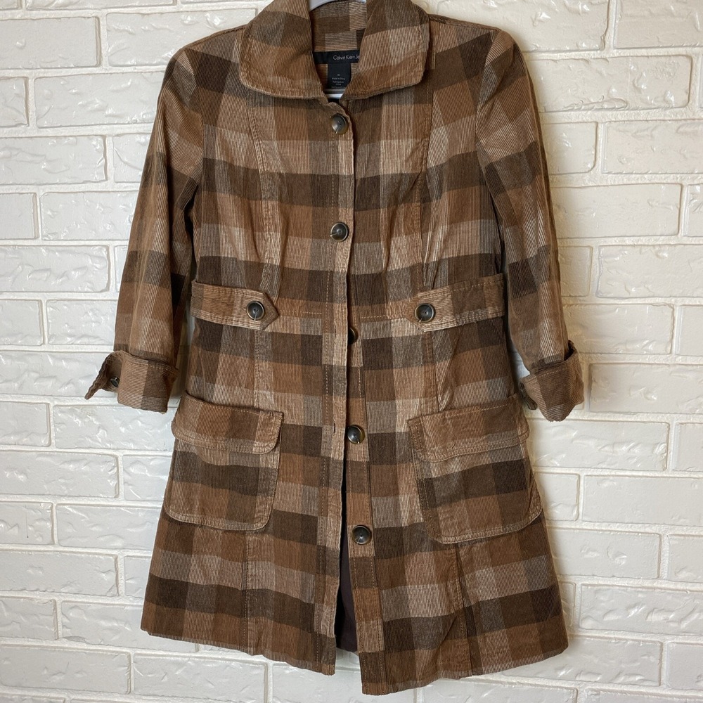 Calvin Klein Womens Pea Coat Brown‎ Plaid Size M Corduroy 3/4 Sleeve